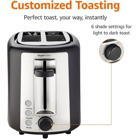 Amazon Basic 2 Slice Extra Wide Slot Toaster Black & Silver Removable Crumb Tray - Picture 2 of 6